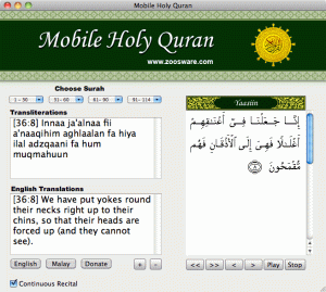 Рис. 4. Общий вид главного окна программы Mobile Holy Quran 1.0. Скриншот.
